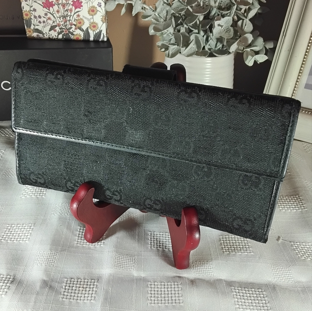Gucci GG Canvas and Leather Black Long wallet with COA